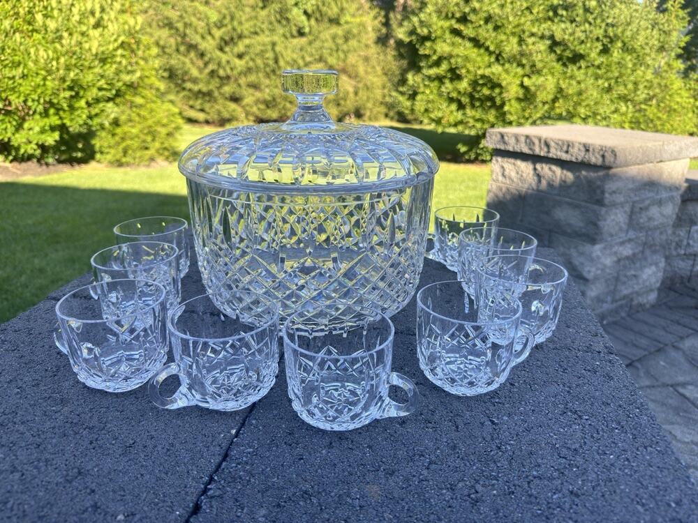 Vintage Gorham Lead Crystal Punch Bowl Set with Lid & 9 Cups Diamond Cut 10 Pc